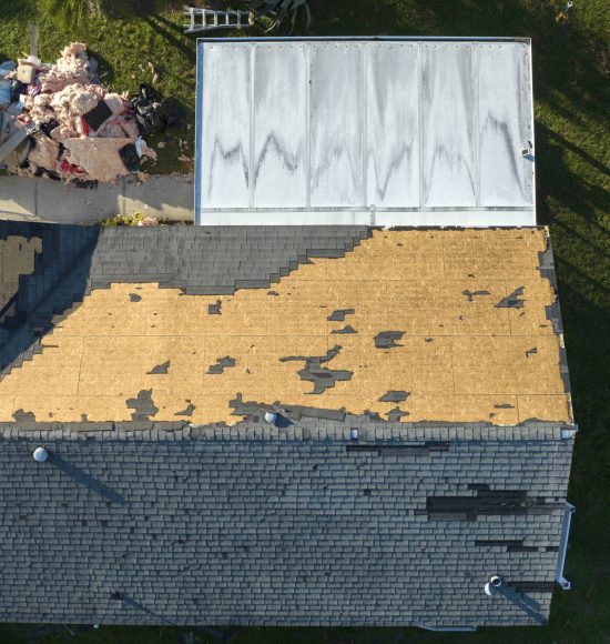 Severely damaged houses after hurricane Ian in Florida mobile home residential area. Consequences of natural disaster.